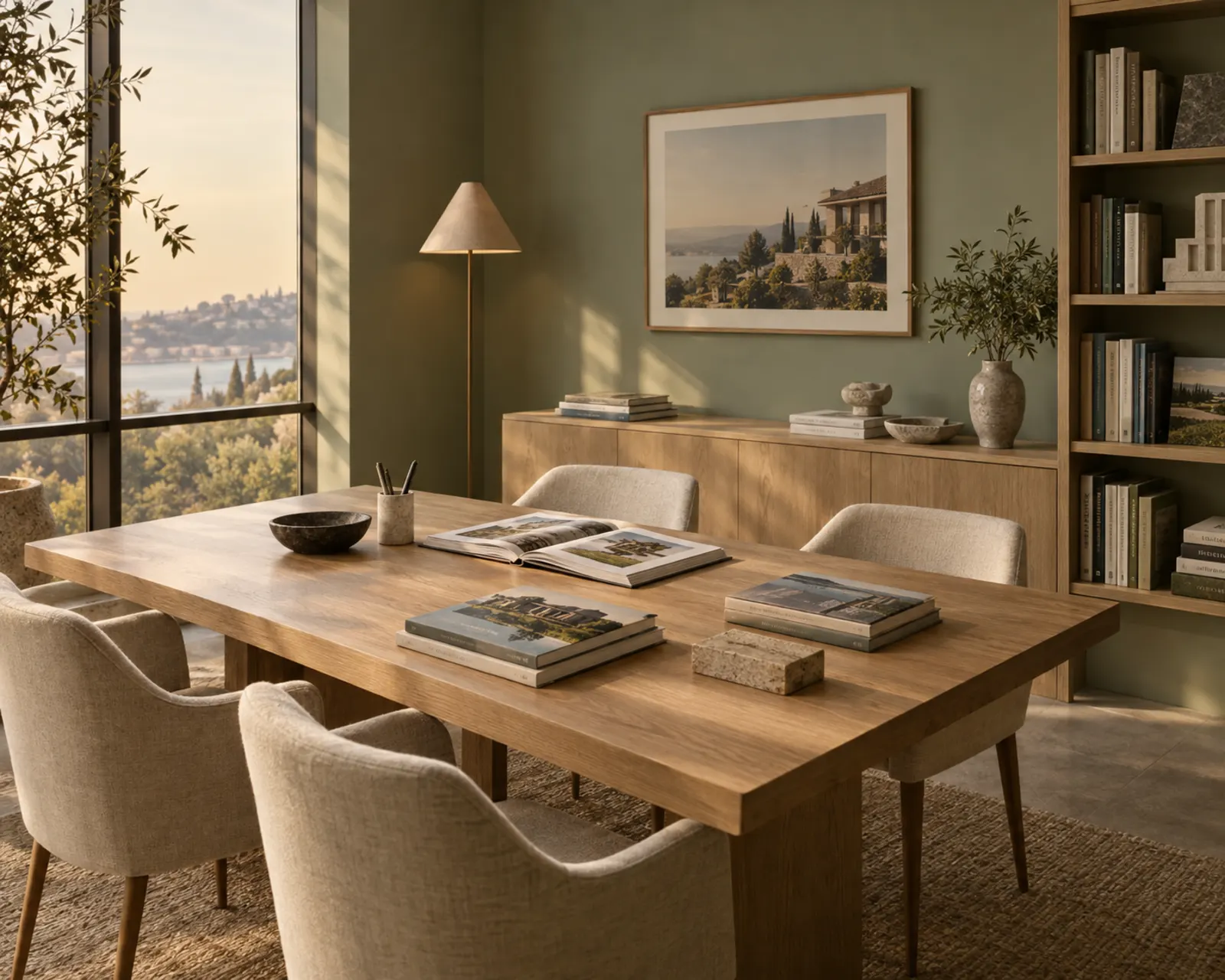 An advisory meeting room with an oak table and a sage green wall
